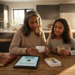 Family practicing speech and language activities at home with picture cards, a notebook script, and a tablet showing a therapy app