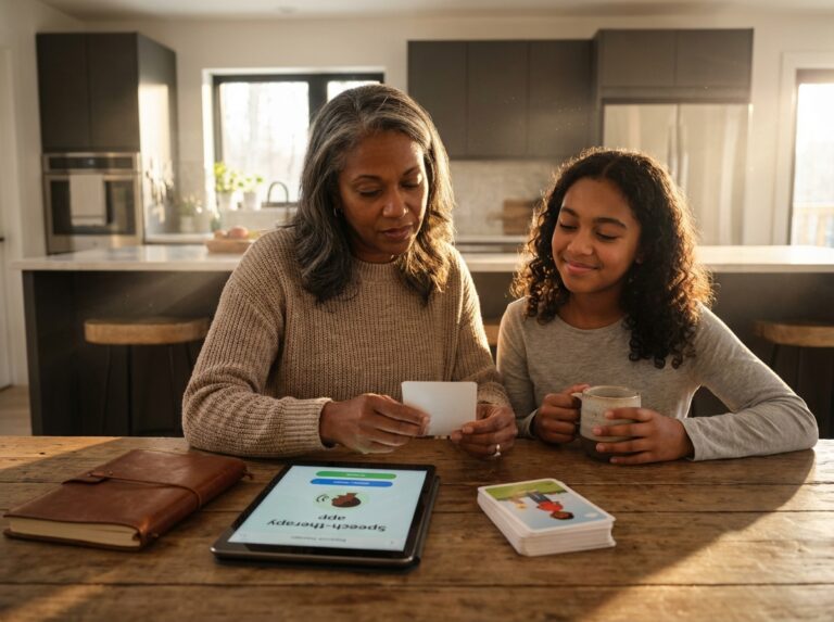 Family practicing speech and language activities at home with picture cards, a notebook script, and a tablet showing a therapy app