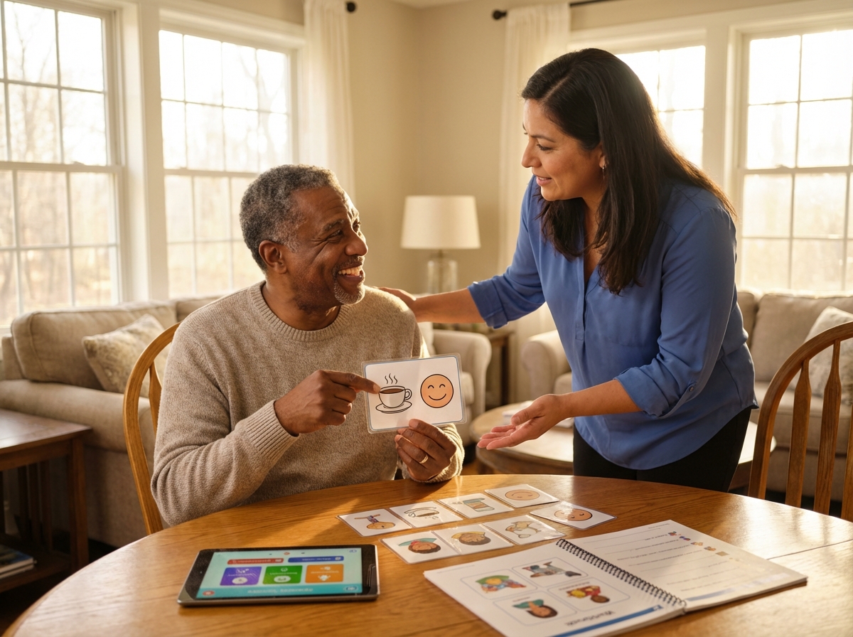 Caregiver and person with aphasia practicing speech tasks at home with picture cards and a tablet, warm supportive atmosphere