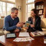 Caregiver and stroke survivor practicing speech tasks at a home table with picture cards, a tablet, and a photo album