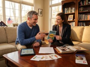 Caregiver and stroke survivor practicing speech tasks at a home table with picture cards, a tablet, and a photo album