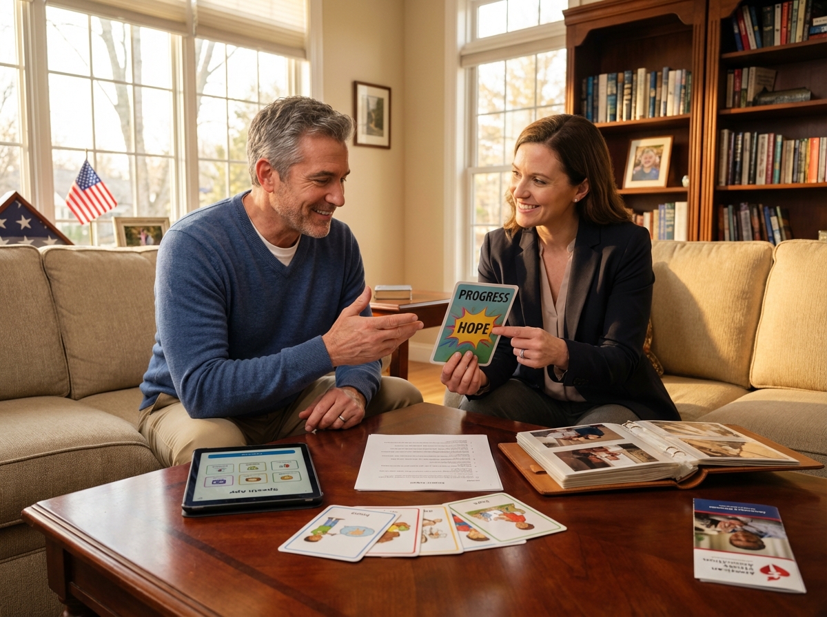 Caregiver and stroke survivor practicing speech tasks at a home table with picture cards, a tablet, and a photo album