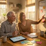 Person with aphasia and family member practicing memory and speech exercises at a sunny kitchen table with calendar, sticky notes, and tablet
