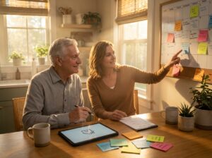 Person with aphasia and family member practicing memory and speech exercises at a sunny kitchen table with calendar, sticky notes, and tablet