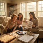 Person practicing speech with a caregiver and SLP in a cozy living room using flashcards, tablet teletherapy, and cue cards