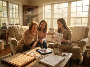 Person practicing speech with a caregiver and SLP in a cozy living room using flashcards, tablet teletherapy, and cue cards
