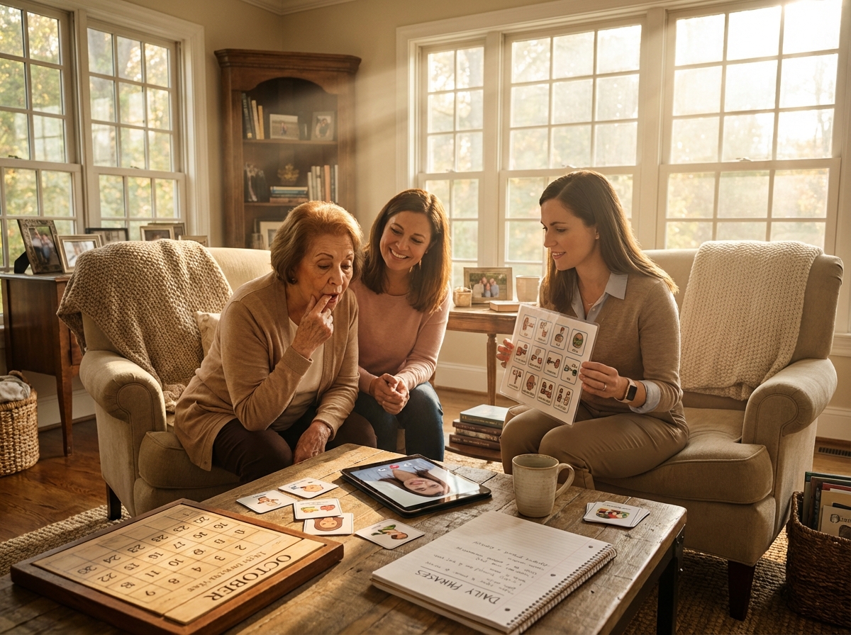 Person practicing speech with a caregiver and SLP in a cozy living room using flashcards, tablet teletherapy, and cue cards