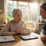 Person practicing speech at home with caregiver and tablet, warm home setting with brain connection overlay representing neuroplasticity