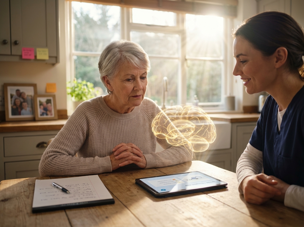 Person practicing speech at home with caregiver and tablet, warm home setting with brain connection overlay representing neuroplasticity