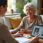 Elderly person and caregiver practicing speech exercises at home with picture cards and tablet showing a speech app