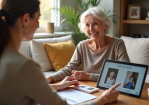 Elderly person and caregiver practicing speech exercises at home with picture cards and tablet showing a speech app