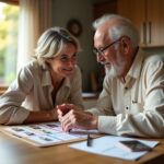 Caregiver and a person with aphasia using a homemade laminated communication board and a tablet at a kitchen table, practicing communication together.