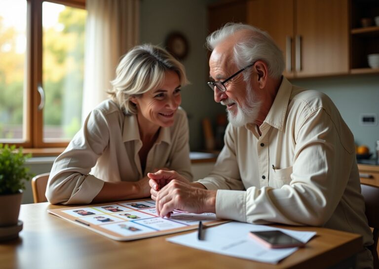 Caregiver and a person with aphasia using a homemade laminated communication board and a tablet at a kitchen table, practicing communication together.