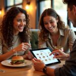 Person with aphasia pointing to a picture menu on a tablet while a companion holds a communication card and a server listens attentively at a restaurant table