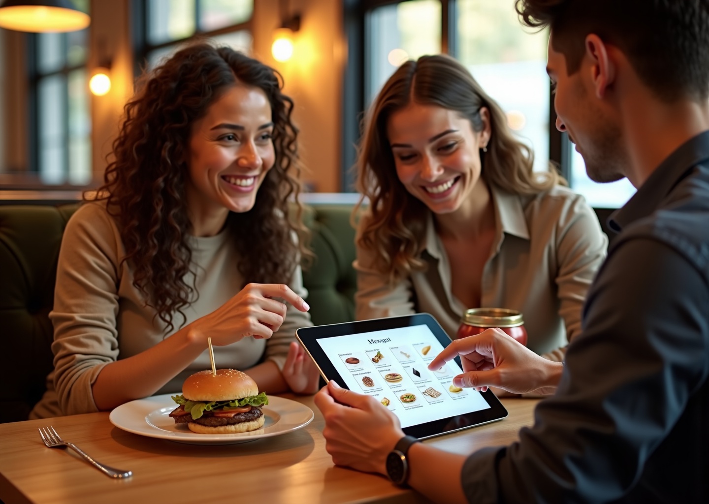 Person with aphasia pointing to a picture menu on a tablet while a companion holds a communication card and a server listens attentively at a restaurant table