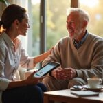 Caregiver and adult practicing speech at home with a smart speaker and tablet, printed picture cards on a table, warm living room setting