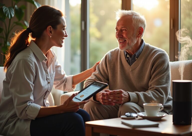 Caregiver and adult practicing speech at home with a smart speaker and tablet, printed picture cards on a table, warm living room setting