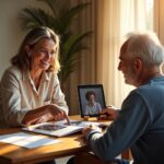 Caregiver and person with aphasia practicing speech and language activities at home using photo album, word cards, and a tablet app in a warm living room