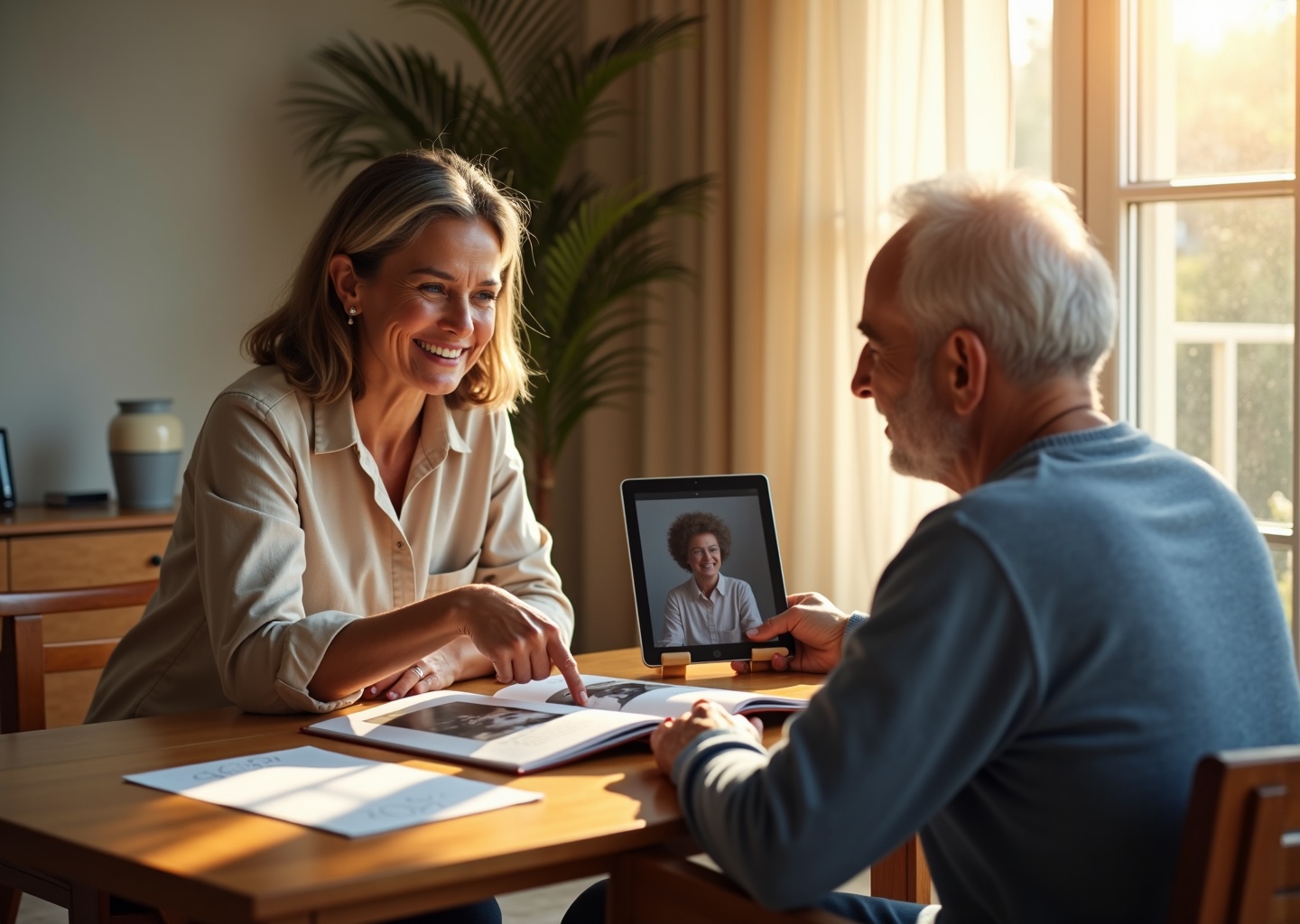Caregiver and person with aphasia practicing speech and language activities at home using photo album, word cards, and a tablet app in a warm living room