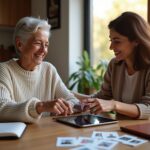 Person practicing word retrieval with caregiver at home using picture cards and a tablet for teletherapy