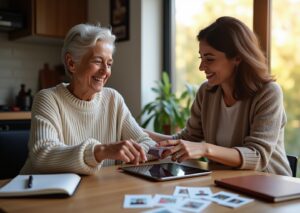 Person practicing word retrieval with caregiver at home using picture cards and a tablet for teletherapy