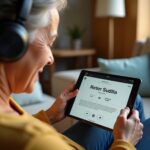 Middle-aged person with headphones using a tablet audiobook app with large controls while a caregiver watches supportively in a warm living room setting