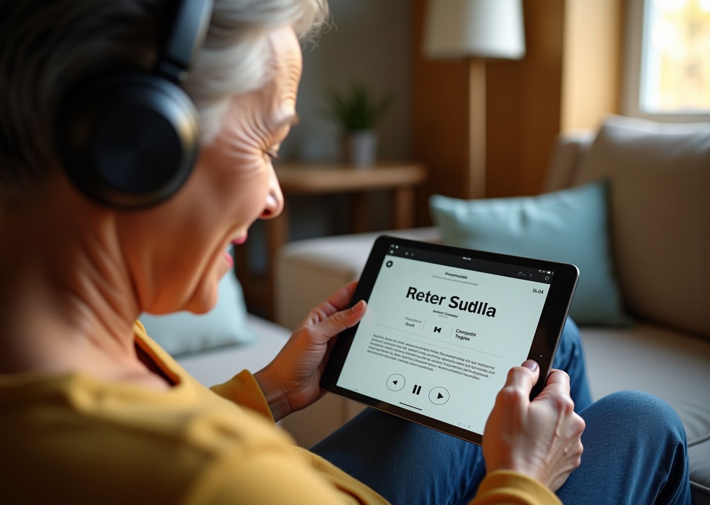 Middle-aged person with headphones using a tablet audiobook app with large controls while a caregiver watches supportively in a warm living room setting