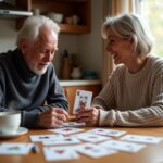 Caregiver and person with aphasia playing card games at a kitchen table with large-print and picture cards, tracking sheet visible, natural warm light