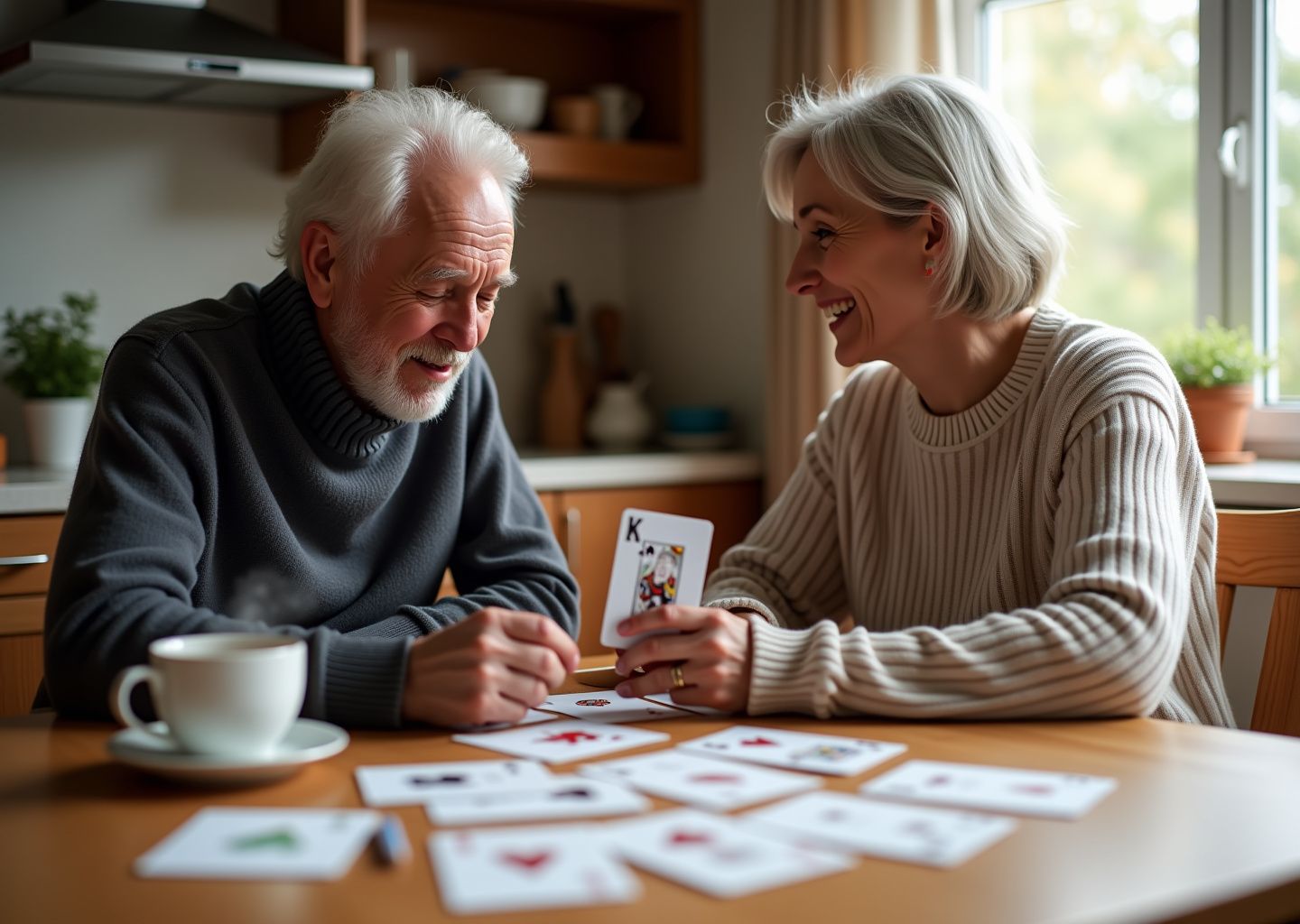 Caregiver and person with aphasia playing card games at a kitchen table with large-print and picture cards, tracking sheet visible, natural warm light